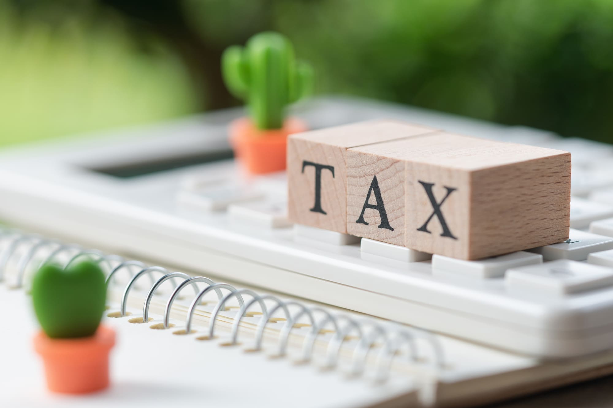 「TAX」の木板と電卓とサボテン